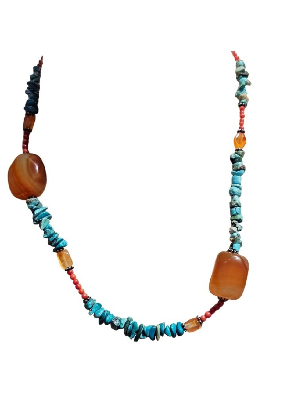 (711) Vintage Sterling Turquoise Carnelian Beads Necklace Natural Stones 35.45g